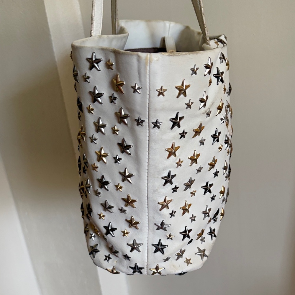 Jimmy Choo White Leather Gold, Silver, Gunmetal Star Studded Tote Bag - Picture 5 of 15
